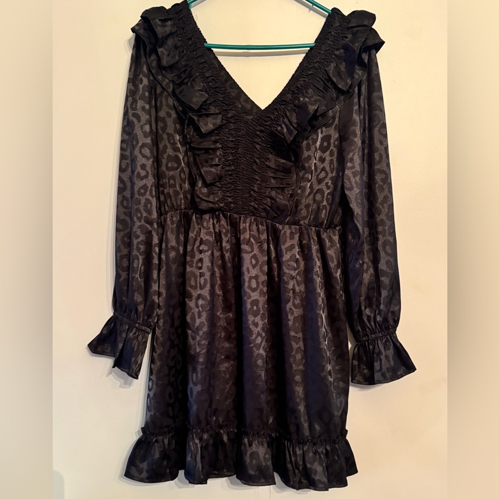 JODIFL Black Leopard Jacquard Ruffle Mini Dress Smocked Bodice Size S